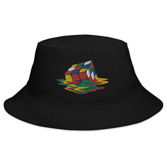 Black bucket hat with Melting Speed Cube Gaming Puzzle Box embroidered artwork, front view