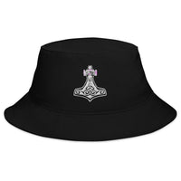 Black bucket hat with Mighty Thor's Hammer Mjolnir embroidered artwork, front view