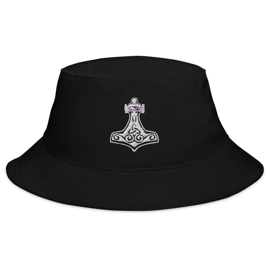 Black bucket hat with Mighty Thor's Hammer Mjolnir embroidered artwork, front view