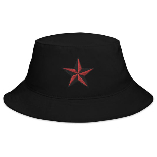 Black bucket hat with Red Nautical Star North Star embroidered artwork, front view
