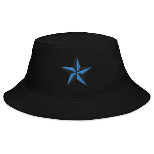Black bucket hat with Blue Nautical Star North Star embroidered artwork, front view
