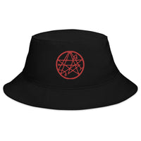 Black bucket hat with Necronomicon Symbol The Book of Dead embroidered artwork, front view