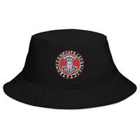 Black bucket hat with Odin Hammer Viking Runes embroidered artwork, front view