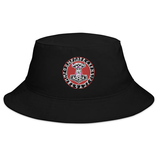 Black bucket hat with Odin Hammer Viking Runes embroidered artwork, front view