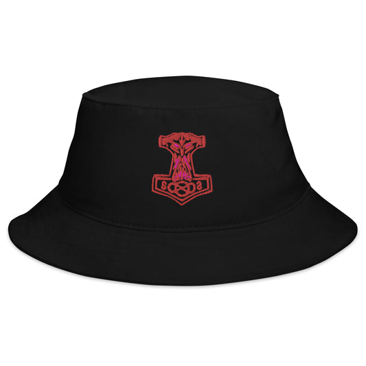 Black bucket hat with Odin War Hammer embroidered artwork, front view