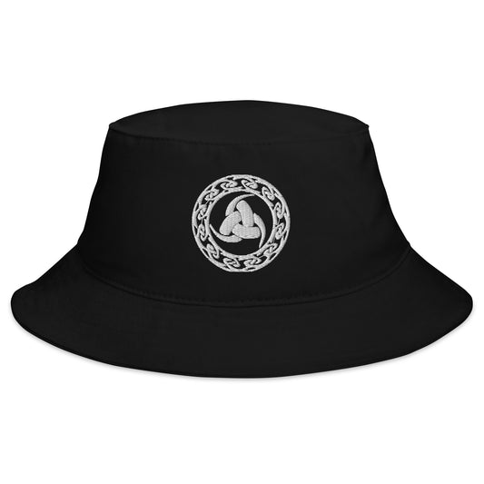 Black bucket hat with Odin's Knot embroidered artwork, front view