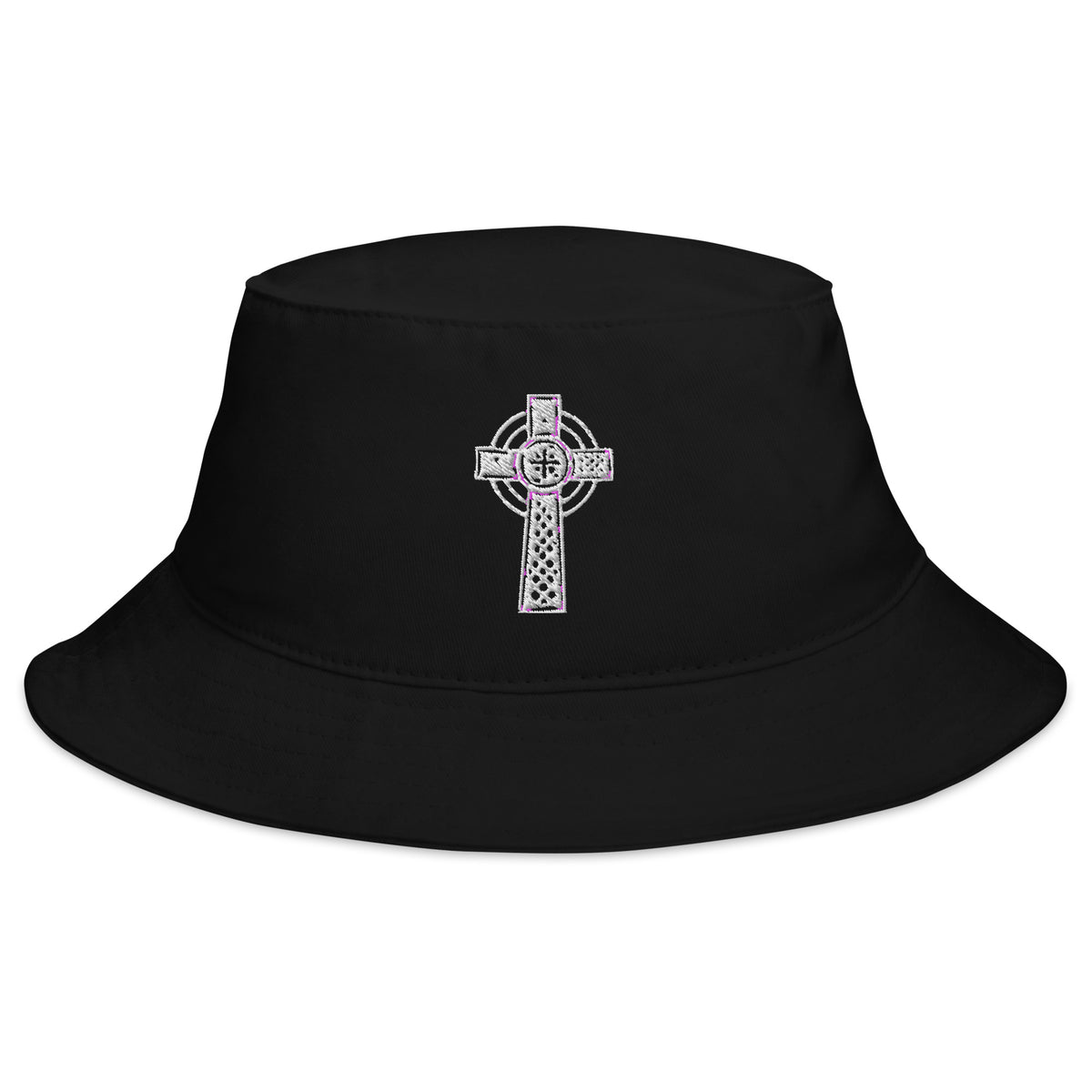 Black bucket hat with Old Celtic Cross Circle of Light embroidered artwork, front view