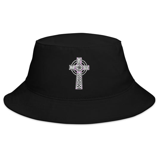 Black bucket hat with Old Celtic Cross Circle of Light embroidered artwork, front view