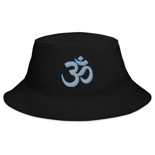 Black bucket hat with OM Sacred Spiritual Symbol embroidered artwork, front view