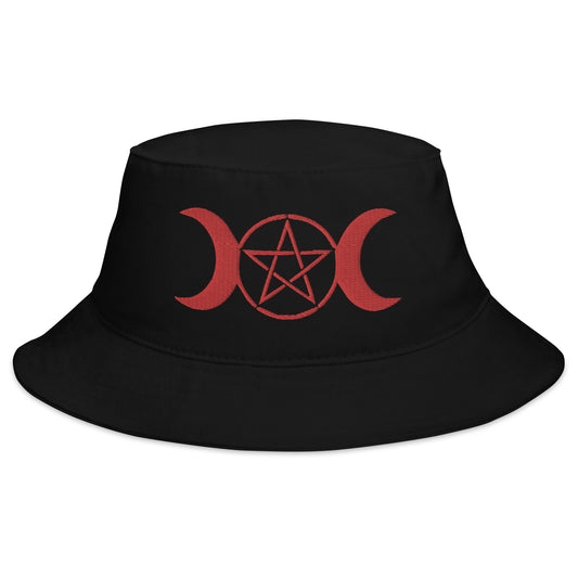 Black bucket hat with Red Pagan Triple Moon Goddess embroidered artwork, front view
