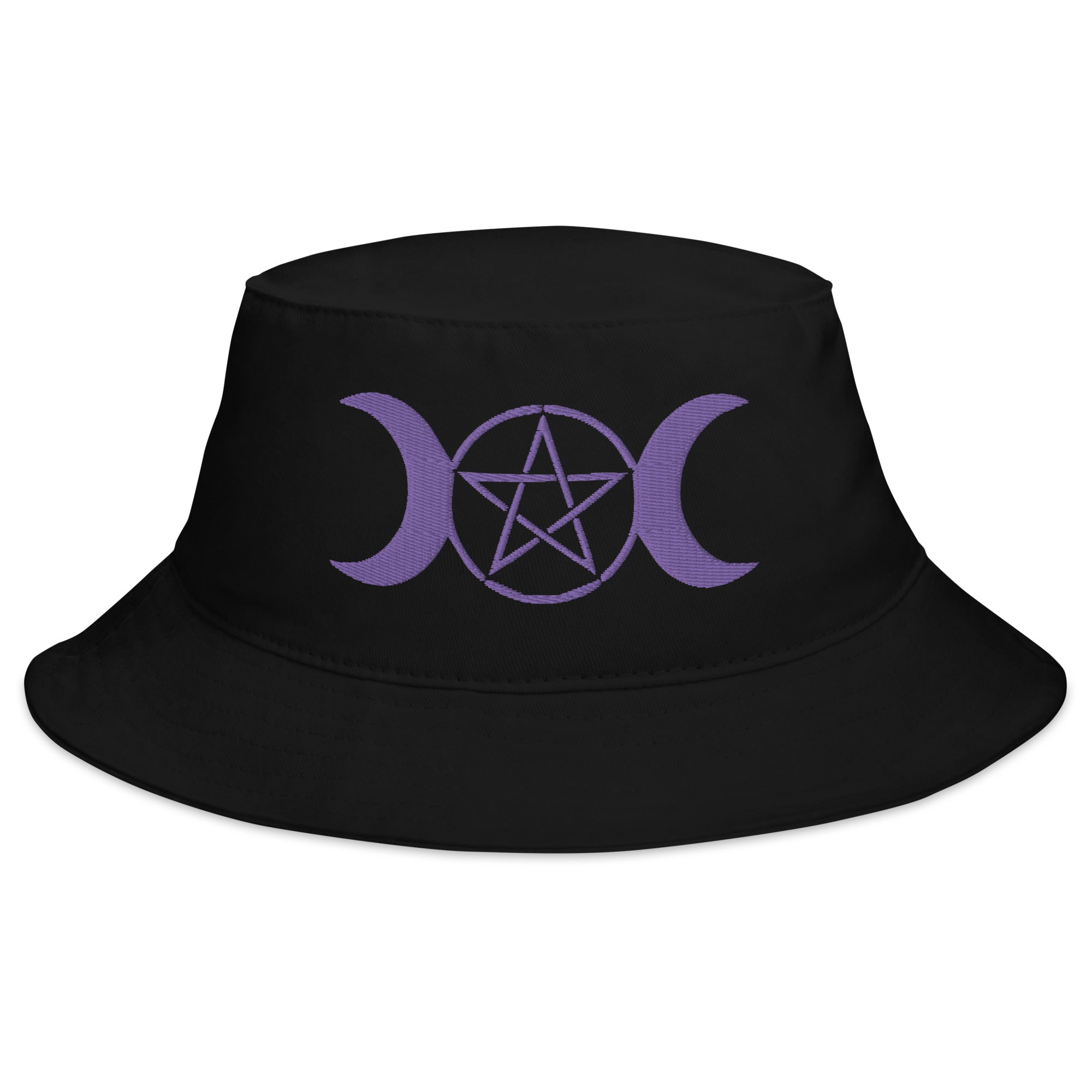 Purple Pagan Triple Moon Goddess Embroidered Bucket Hat Wiccan Pentagram