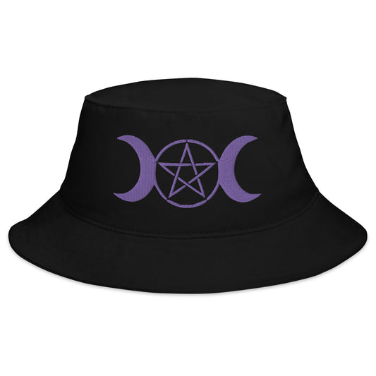 Black bucket hat with Purple Pagan Triple Moon Goddess embroidered artwork, front view