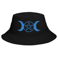 Black bucket hat with Blue Pagan Triple Moon Goddess embroidered artwork, front view