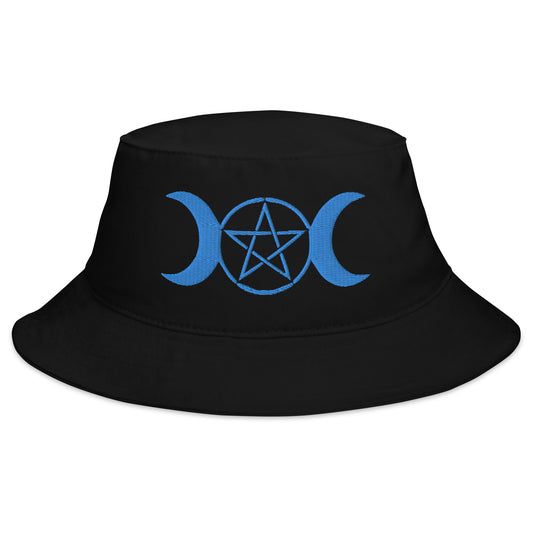Black bucket hat with Blue Pagan Triple Moon Goddess embroidered artwork, front view