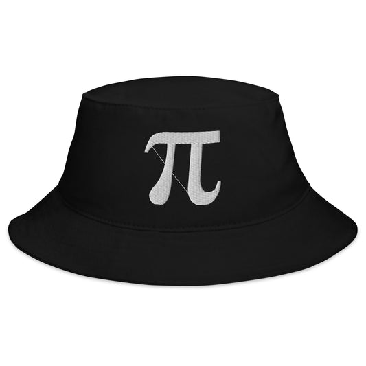 Black bucket hat with Pi Symbol π embroidered artwork, front view