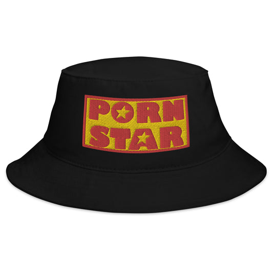 Black bucket hat with Occupation Porn Star Logo embroidered artwork, front view