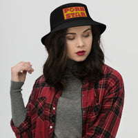 Black bucket hat with Occupation Porn Star Logo embroidered artwork, front view