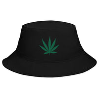 Black bucket hat with Pot Leaf Marijuana embroidered artwork, front view