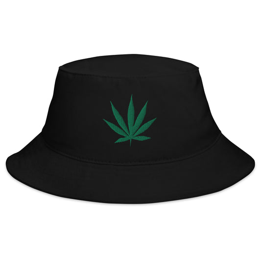 Black bucket hat with Pot Leaf Marijuana embroidered artwork, front view