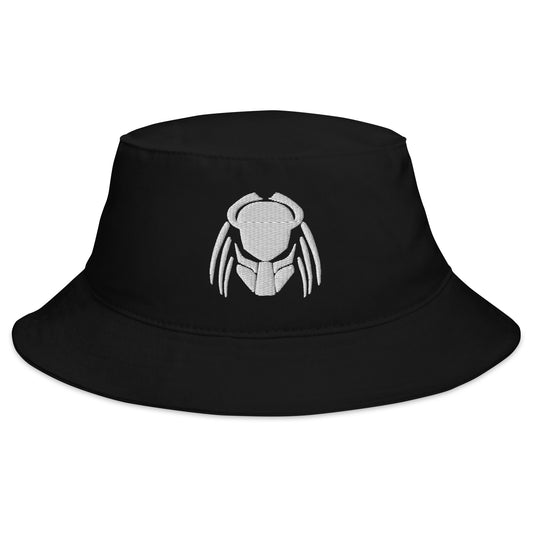 Black bucket hat with Predator Alien Hybrid embroidered artwork, front view