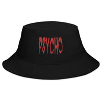 Black bucket hat with Psycho Horror Red Blood Drip embroidered artwork, front view