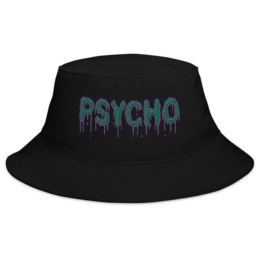Black bucket hat with Psychobilly Horror Psycho embroidered artwork, front view