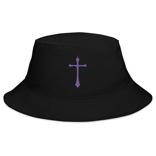 Black bucket hat with Purple Gothic Ancient Medeival Cross embroidered artwork, front view