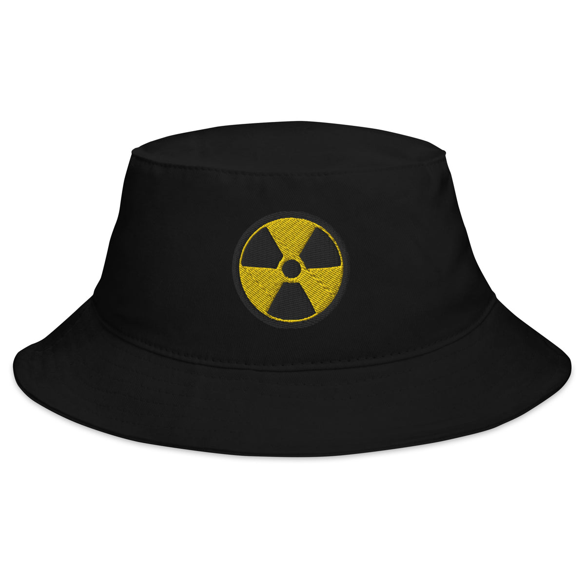 Black bucket hat with Radioactive Sign embroidered artwork, front view