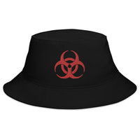 Black bucket hat with Red Bio Hazard Symbol Warning Sign embroidered artwork, front view