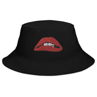 Black bucket hat with Rocky Horror Picture Show Lips embroidered artwork, front view