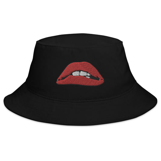 Black bucket hat with Rocky Horror Picture Show Lips embroidered artwork, front view