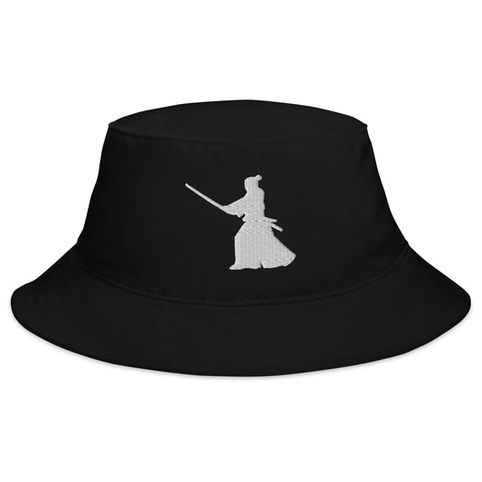 Black bucket hat with Ronin Samurai Warrior Swordsman embroidered artwork, front view