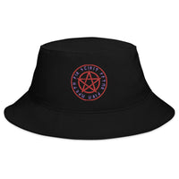 Black bucket hat with Rune Script Wiccan Ritual Pentagram embroidered artwork, front view