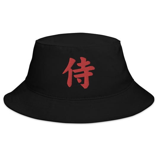Black bucket hat with Red Samurai The Japanese Kanji Symbol embroidered artwork, front view