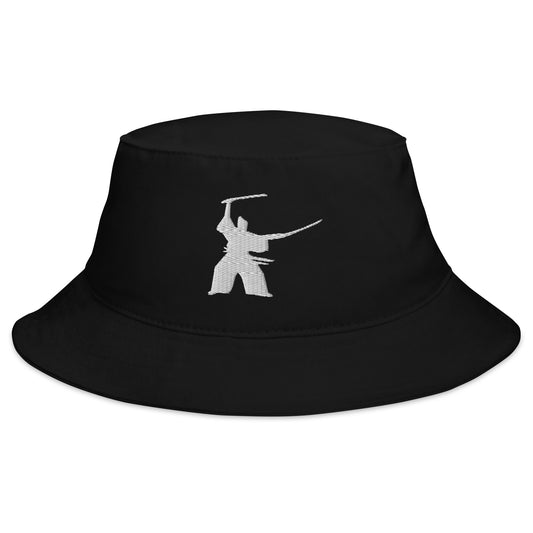 Black bucket hat with Samurai Two Sword Technique embroidered artwork, front view