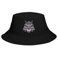 Black bucket hat with Samurai Warrior Mask embroidered artwork, front view