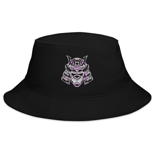 Black bucket hat with Samurai Warrior Mask embroidered artwork, front view