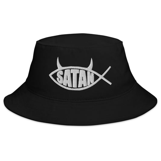 Black bucket hat with Satan Fish with Horns Religious Satire embroidered artwork, front view