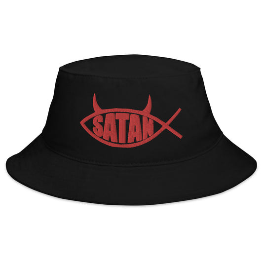 Black bucket hat with Red Satan Fish with Horns Religious Satire embroidered artwork, front view