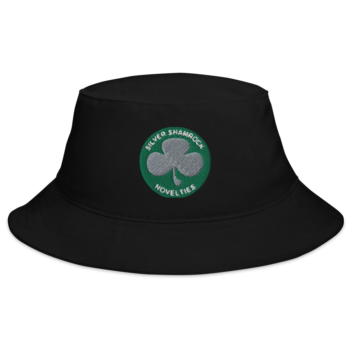 Black bucket hat with Silver Shamrock Novelties embroidered artwork, front view
