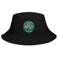 Black bucket hat with Silver Shamrock Novelties embroidered artwork, front view