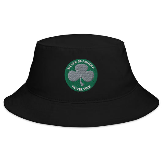 Black bucket hat with Silver Shamrock Novelties embroidered artwork, front view