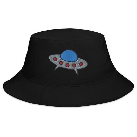 Black bucket hat with Space Alien Ship UFO Flying Saucer embroidered artwork, front view