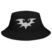 Black bucket hat with Spooky Goth Vampire Bat embroidered artwork, front view