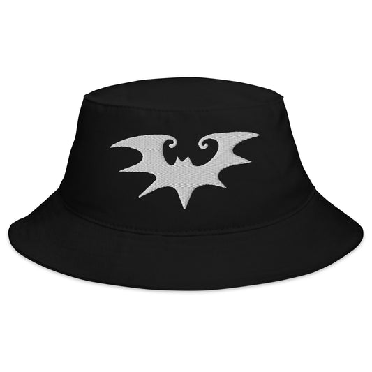 Black bucket hat with Spooky Goth Vampire Bat embroidered artwork, front view