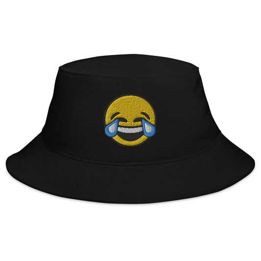 Black bucket hat with Tears of Joy Emoji embroidered artwork, front view