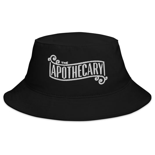 Black bucket hat with The Apothecary embroidered artwork, front view