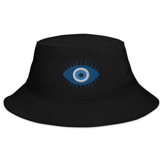 Black bucket hat with The Curse of the Evil Eye embroidered artwork, front view