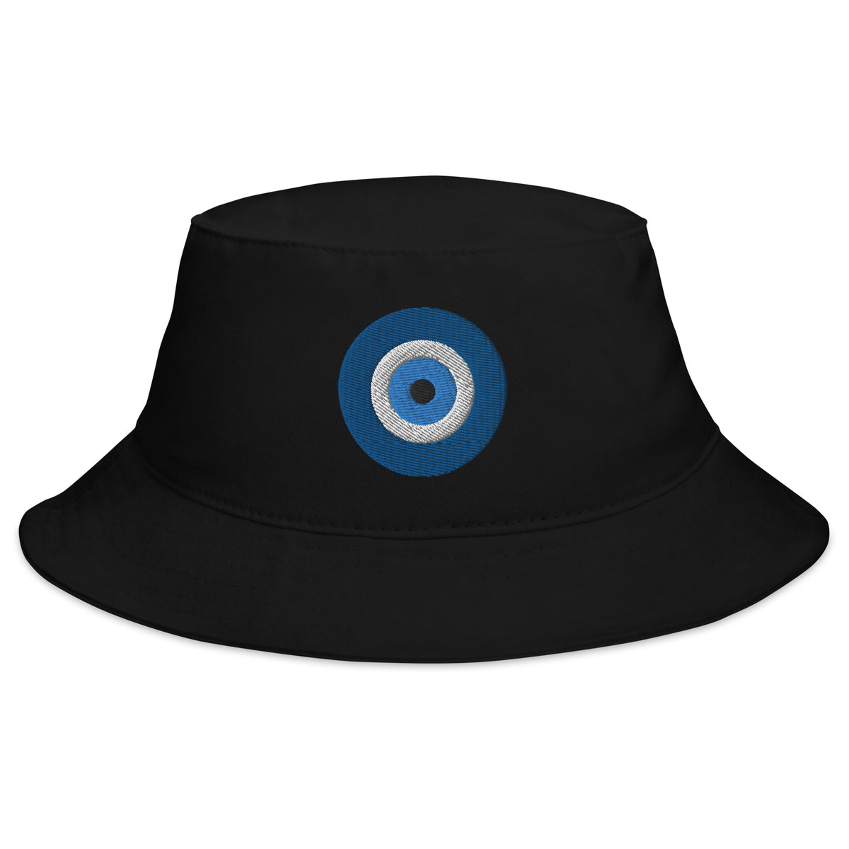 Black bucket hat with The Evil Eye embroidered artwork, front view