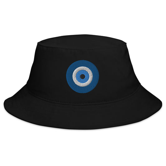 Black bucket hat with The Evil Eye embroidered artwork, front view